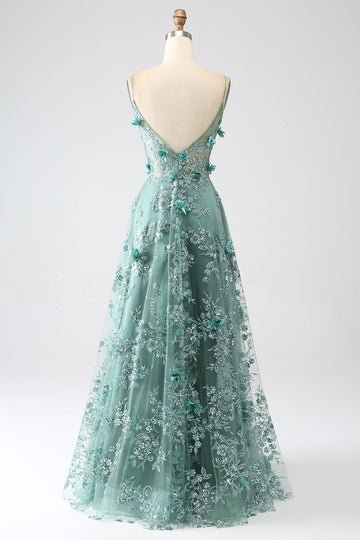 Glitter Grey Green Spaghetti Straps Lace Flower Long Corset Ball Dress